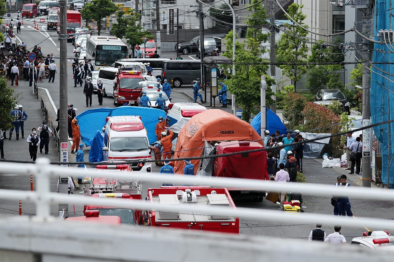 Les lieux du drame, après l'attaque à l'arme blanche contre des écoliers, à Kawasaki dans la préfecture de Kanagawa, le 28 mai 2019 (Jiji press).