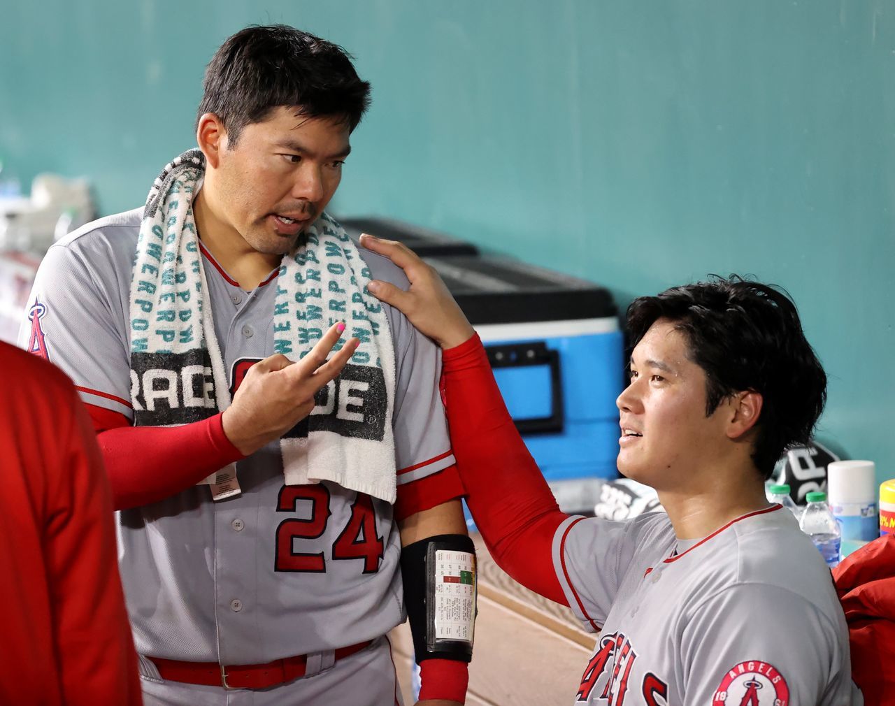 大谷翔平（右）は、名古屋出身の日系アメリカ人4代目（USAトゥデイスポーツ/ロイター/ AFLO）のチームメイト、カート・スズキとベンチで語る。