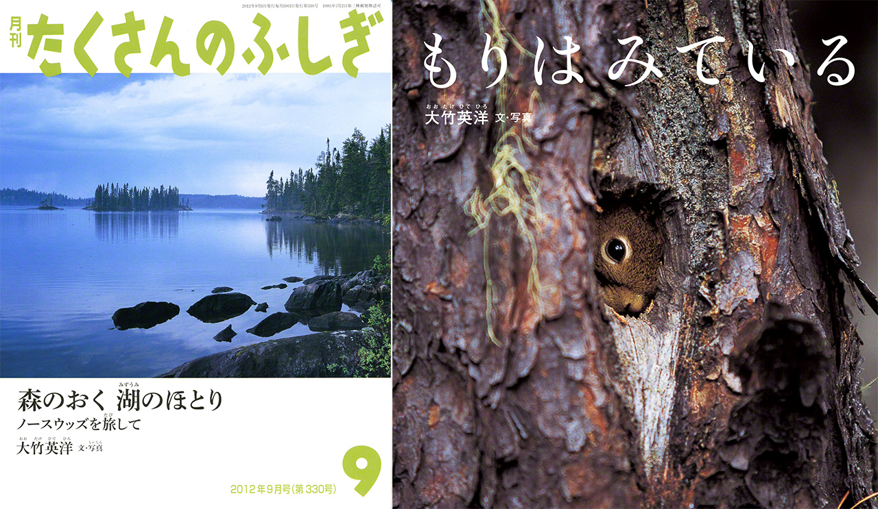« Profondément dans les bois, auprès du lac » (Mori no oku mizuumi no hotori), la parution de septembre 2012 du magazine « Un monde de merveilles » (Takusan no fushigi) et « La forêt qui regarde » (Mori wa miteiru).