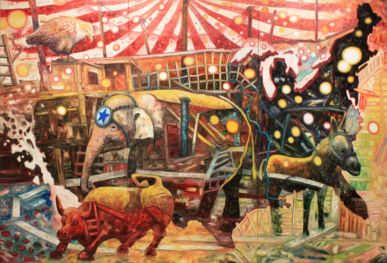 « Le Grand cirque » (Big Circus), huile sur toile, 2011, 2,27 m x 3,33 m. Collection de l’artiste. © Oscar Oiwa Studio