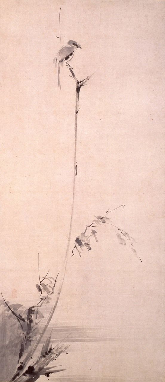 Koboku meigeki-zu (Pie-grièche dans un arbre stérile), peinture à l’encre de Musashi. Le Gorin no sho recommande la pratique de la calligraphie et d’autres arts en vue de progresser dans l’art de la guerre. (Avec l’aimable autorisation du Musée mémorial d’Art de Kuboso, Izumi)