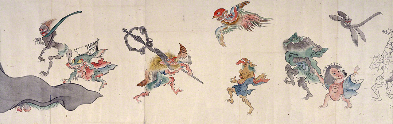 Hyakki yagyô emaki (Rouleaux enluminés de la procession nocturne des cents démons). L’un des nombreux rouleaux illustrant des processions de yôkai. De nombreux démons y sont représentés, y compris des outils transformés en yôkai et des yôkai animaux. (Avec l’aimable autorisation du Musée d’histoire de la préfecture de Hyôgo)