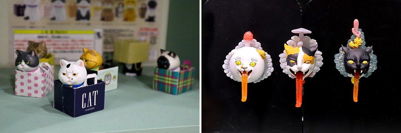 Kitan Club produit également toutes sortes de figurines de chats. Voici quelques uns des félins grincheux de la série Kamibukuro ni haitta neko (« Chats dans un sac en papier ») à gauche et des aimants Neko jita take (« Langues de chat champignons ») à droite.