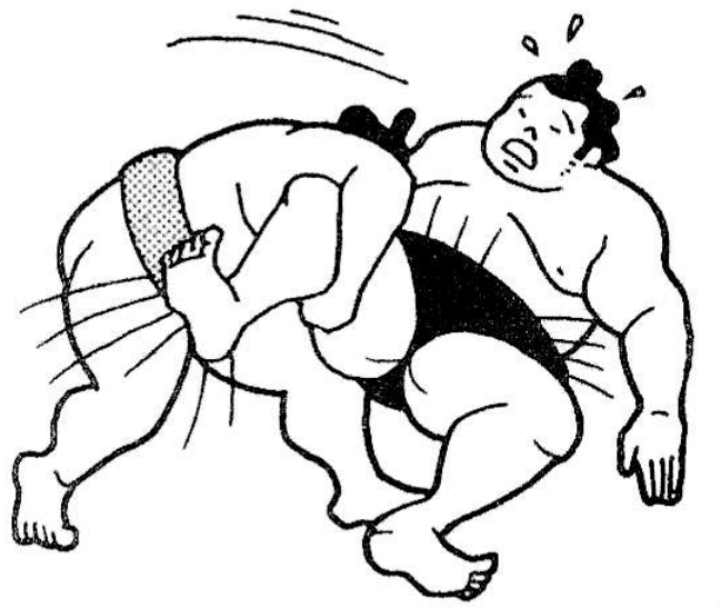 Komata-sukui (ramassage de cuisse) : faire chuter son adversaire en saisissant et tirant l'intérieur de la cuisse vers le haut pour le déséquilibrer (avec l'aimable autorisation du journal Ôzumô).