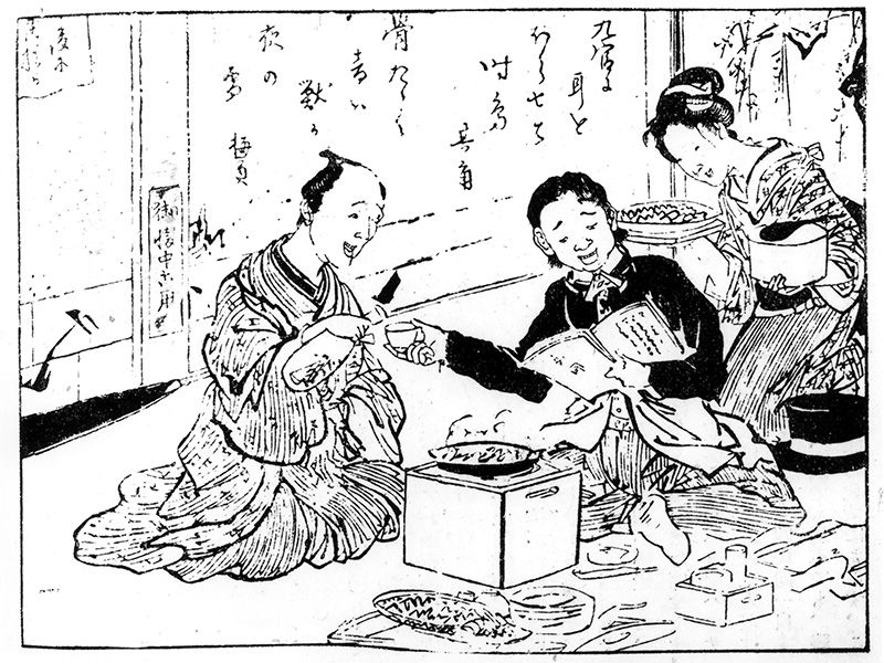 Un gyûnabe-ya au début de l'ère Meiji. Tiré d'une édition d'Agura nabe (Le mangeur de bœuf) de Kanagaki Robun (collection des Archives d'histoire de Yokohama)