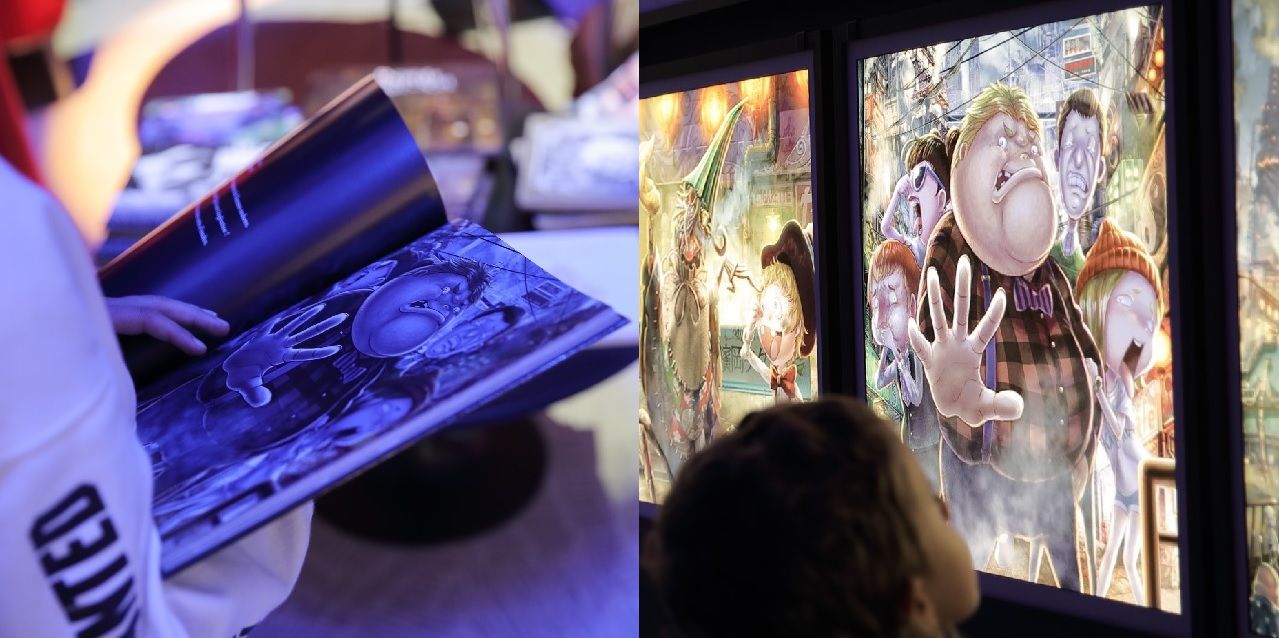 (A droite) Les façades du Salon Gustave Eiffel étaient tapissées d’illustrations tirées d’albums de Nishino Akihiro, reproduites sur un support acrylique à l’aide d’une imprimante à jet d’encre haute définition grand format et rétroéclairées par des diodes électroluminescentes (LED). Ces « tableaux lumineux » étaient d’une netteté stupéfiante par rapport aux livres (à gauche) et ils mettaient notamment en valeur l’étonnante précision du travail graphique de l’artiste, y compris dans les détails ultra minutieux de l'arrière-plan.