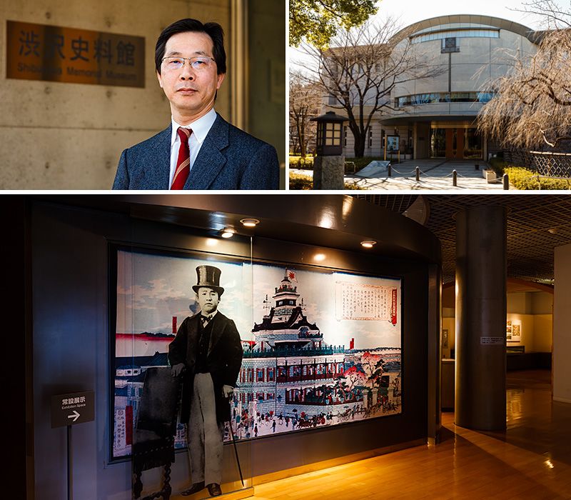 (Dans le sens des aiguilles d’une montre à partir d’en haut à gauche) Inoue Jun, directeur du Shibusawa Eiichi Memorial Museum ; façade extérieure du musée ; exposition dans le hall d’entrée du musée.