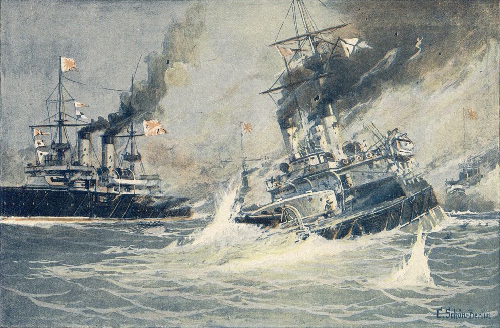 Sous le commandement de l’amiral Tôgô Heihachirô, les 96 navires de la flotte combinée japonaise, dont quatre cuirassés et huit croiseurs, guettaient dans le détroit de Tsushima l’arrivée de la flotte baltique russe de 38 navires, dont huit cuirassés et six croiseurs. La bataille débuta le 27 mai 1905 et fit rage pendant deux jours. La flotte japonaise réussit à couler 19 navires et en capturer sept autres. Le tableau représente le moment où une torpille japonaise avait coulé le cuirassier russe, Navarin (Avec l’aimable permission de Mary Evans Picture Library/Images Kyôdô)