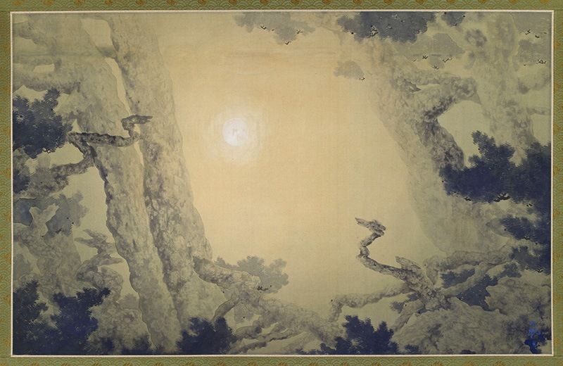 Yokoyama Taikan, « Deux dragons se battant pour un joyau précieux », encre monochrome sur soie, 1905. Dans cette peinture, les pins prennent la forme de deux dragons et la lune celle d’un joyau. (Photo avec l’aimable autorisation du Mémorial de Yokoyama Taiken)