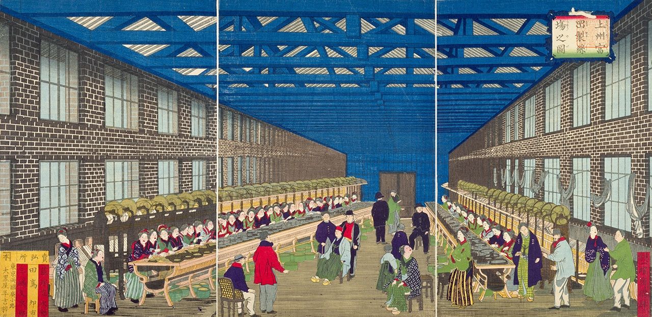 Une image de l'usine de soie de Tomioka dans la préfecture de Gunma. Utagawa Kuniteru II, 1873. (Gracieuseté de la Bibliothèque nationale de la Diète) 