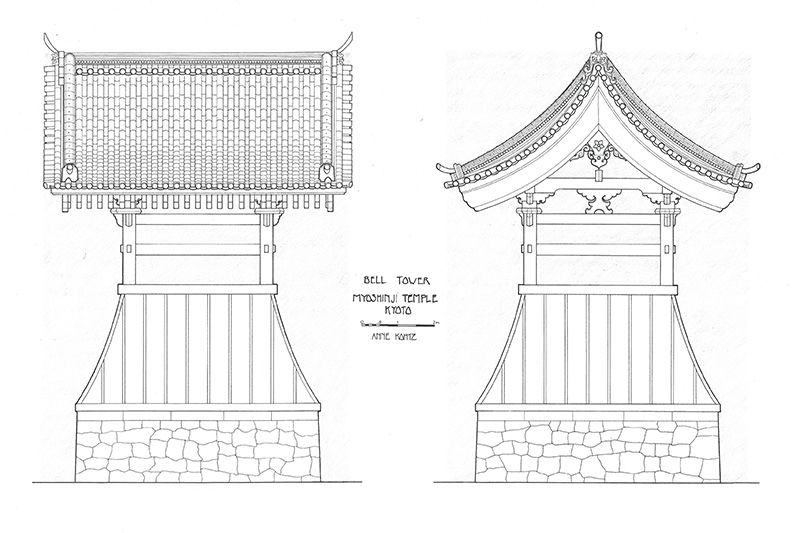 Croquis des élévations du clocher de Myôshinji à Kyoto. La structure centrale n'a aucun mur solide. Sa construction peut en ce sens être comparée à celle d’une chaise en bois (© Anne Kohtz)