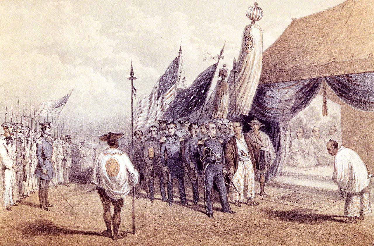  Le commodore Perry et ses hommes arrivent au banquet de Yokohama. (Avec l'aimable autorisation des Archives d'histoire de Yokohama)
