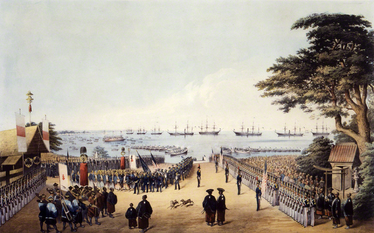 Le Commodore Perry débarquant à Yokohama, peinture attribuée à Wilhelm Heine. (Avec l'aimable autorisation des Archives d'histoire de Yokohama)