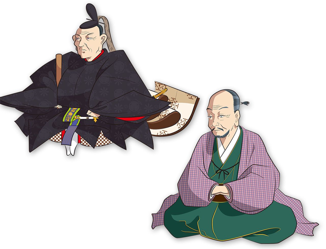 À gauche : Tokugawa Yoshimune, 8e shôgun. Fondateur du shogunat, il a mis en œuvre les réformes de 1716-1736 essayant bon gré mal gré d’encadrer le « service en alternance »  À droite : Muro Kyûsô, érudit confucéen et éminence grise de Yoshimune ayant épaulé le shôgun dans son entreprise de réforme. (Illustration de Satô Datashi)