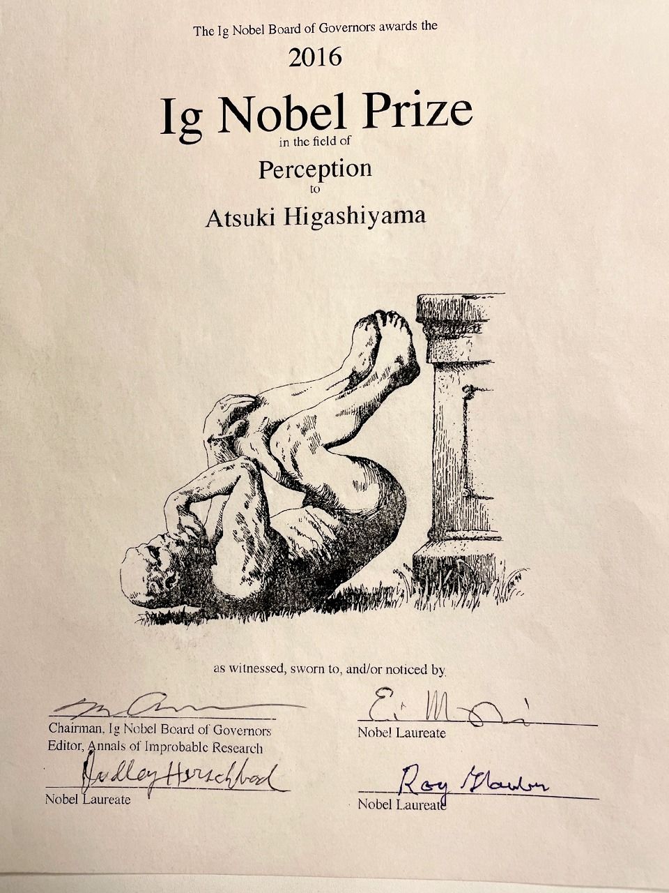 Le certificat du prix Ig Nobel remis au professeur Higashiyama (avec l’aimable autorisation de Higashiyama Atsuki)
