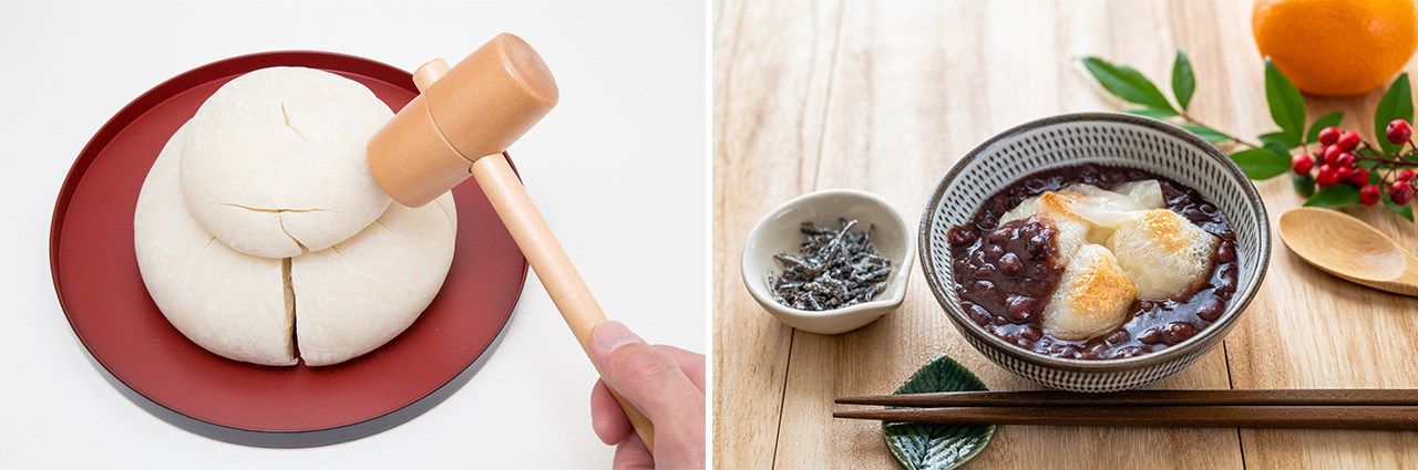 Broyage de mochi avec un maillet en bois (à gauche), shiruko (potage doux de haricots azuki) agrémenté de mochi.