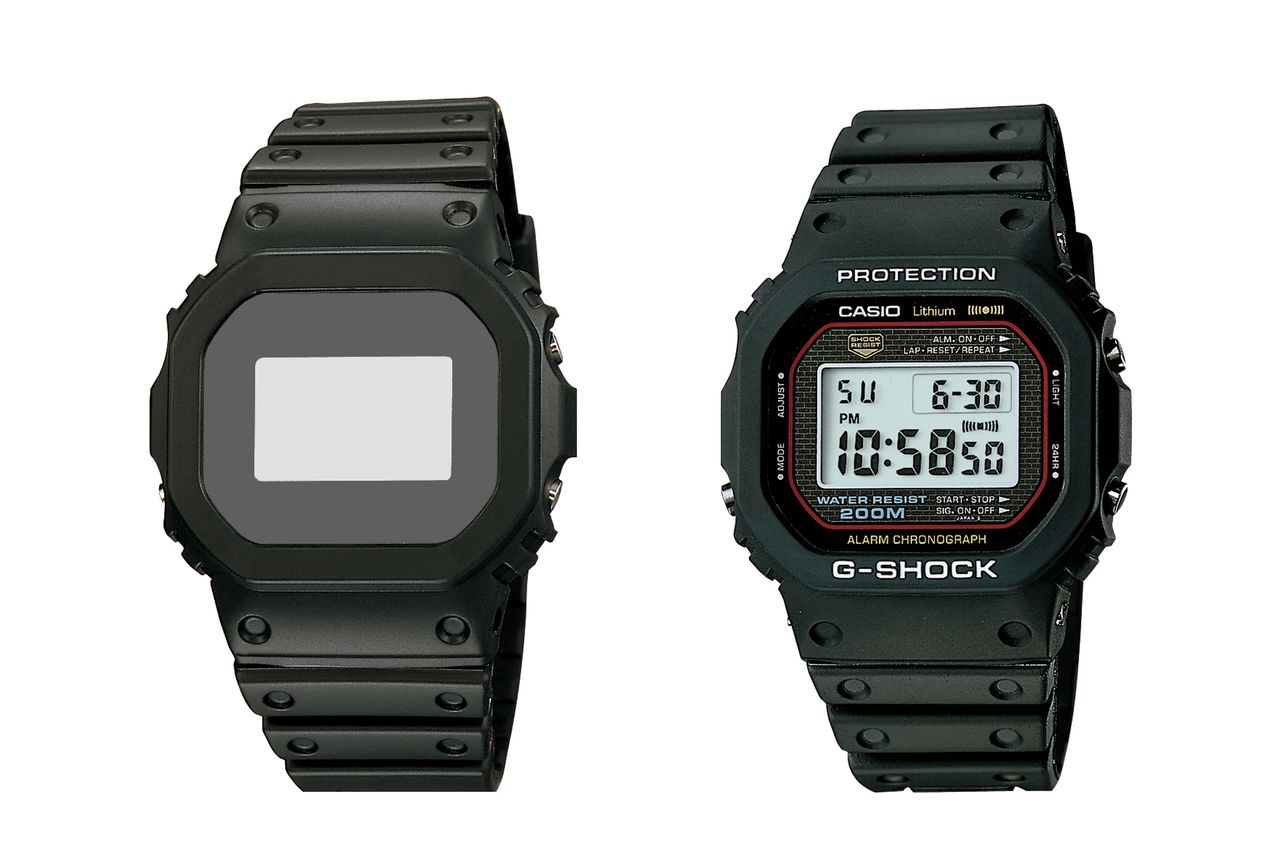 L'image de gauche est l'image tridimensionnelle sans texte qui a fait l’objet d’une inscription avec succès. Casio a déposé une image de base en noir et gris, les différences de couleur et de matériau sont donc toujours également prises en compte. À droite, un modèle DW-5000C de la première génération photographié sous le même angle. (© Casio Computer)