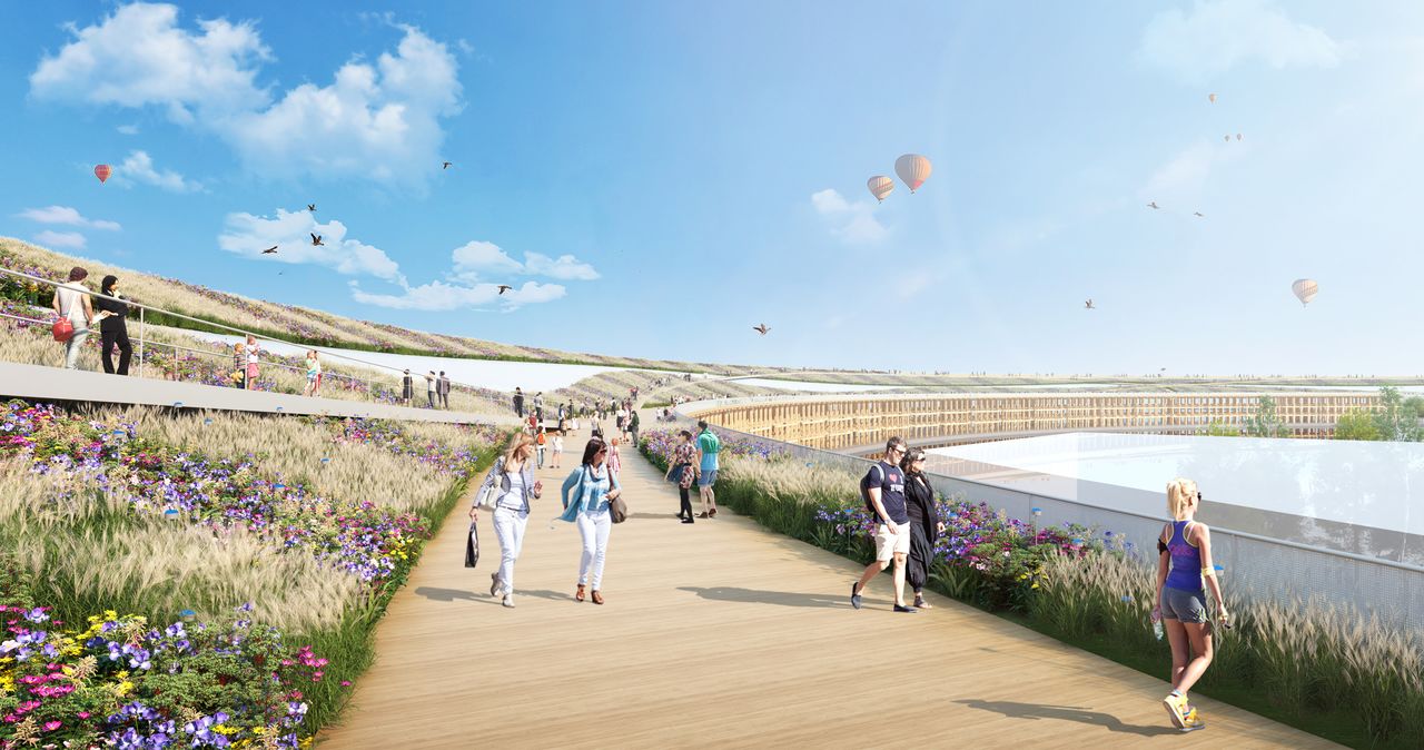 Vue d’artiste de la promenade Ring Skywalk achevée. (Photo avec l'autorisation de l'Association japonaise de l'exposition universelle 2025)