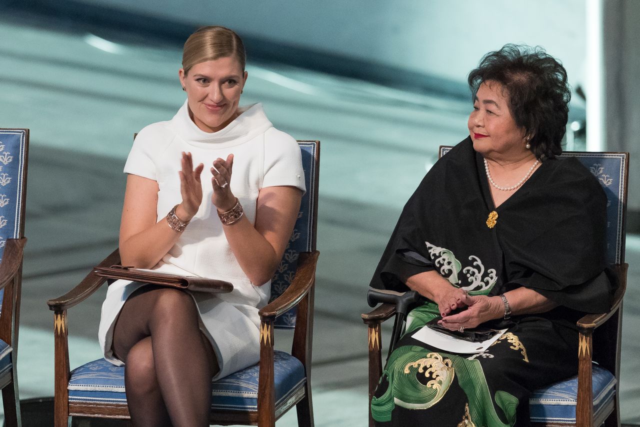Discours de Setsuko Thurlow, survivante de la bombe atomique habitant au Canada, lors de la cérémonie de remise de prix Nobel en décembre 2017. (Nigel Waldron/WireImage/Getty images)