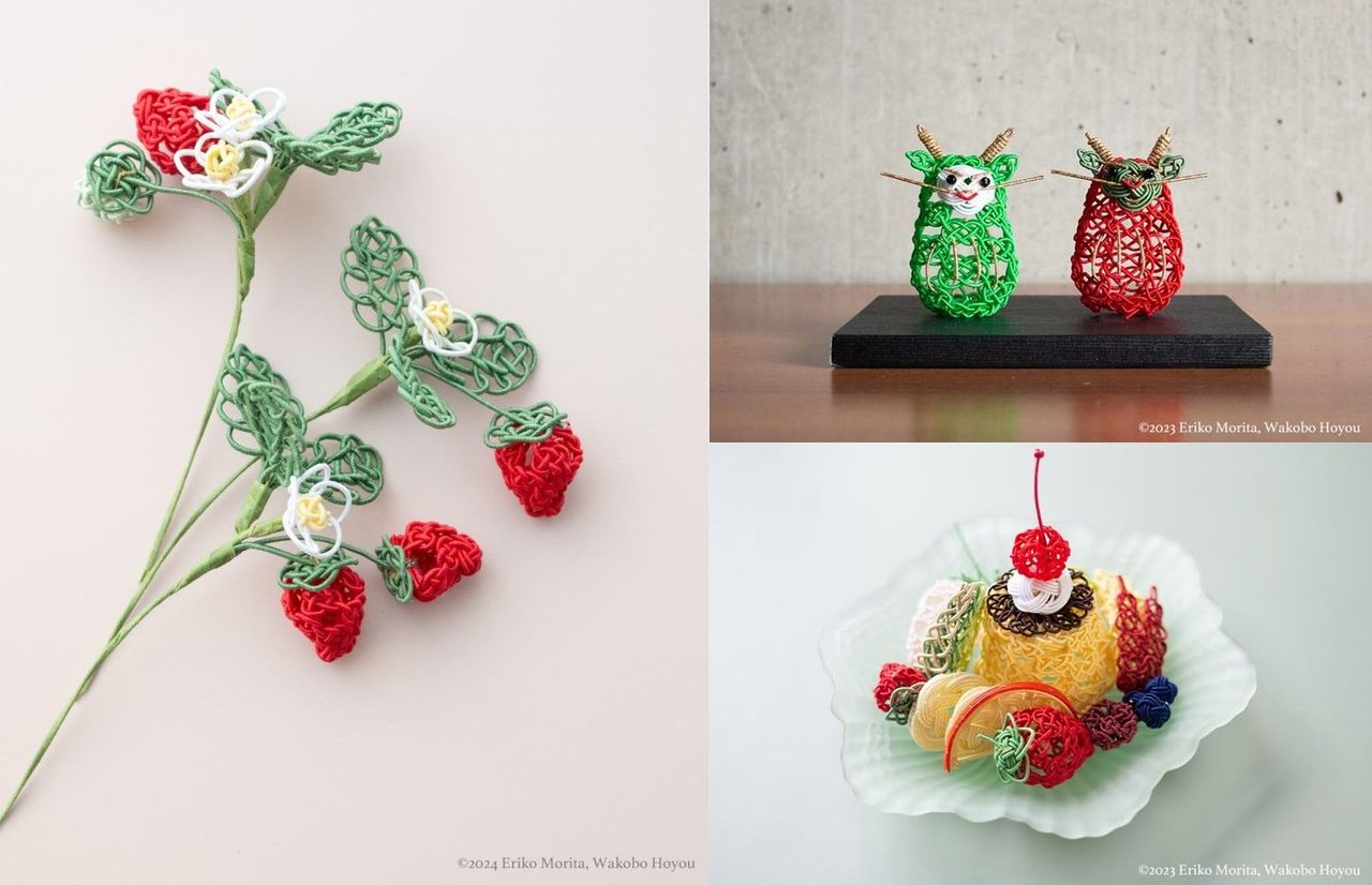 De gauche à droite : de mignonnes petites fraises, des figurines de dragon qu’elle a créées pour l’année du dragon, une réplique de crème caramel. (© 2021 Eriko Morita, Wakôbô Hôyû)