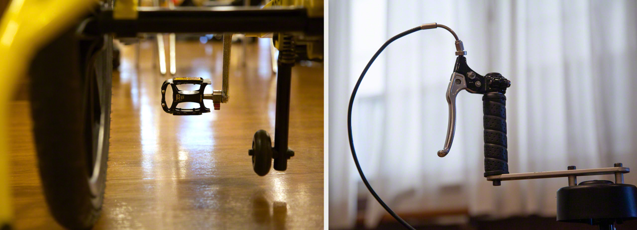 Le COGY est très facile à utiliser. Une pression très légère suffit pour enclencher le mouvement du fauteuil. Une poignée sur le côté est reliée à la roue arrière et permet de changer de direction et de freiner.