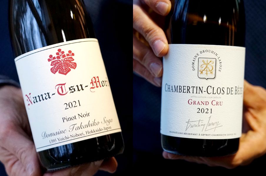 La cuvée Nana-Tsu-Mori, un pinot noir de Yoichi qui a suscité l’intérêt international envers les vins japonais (gauche), et un Chambertin-Clos de Bèze, cuvée illustre du célèbre Domaine Drouhin-Laroze qui a fourni les vins français pour la masterclass.
