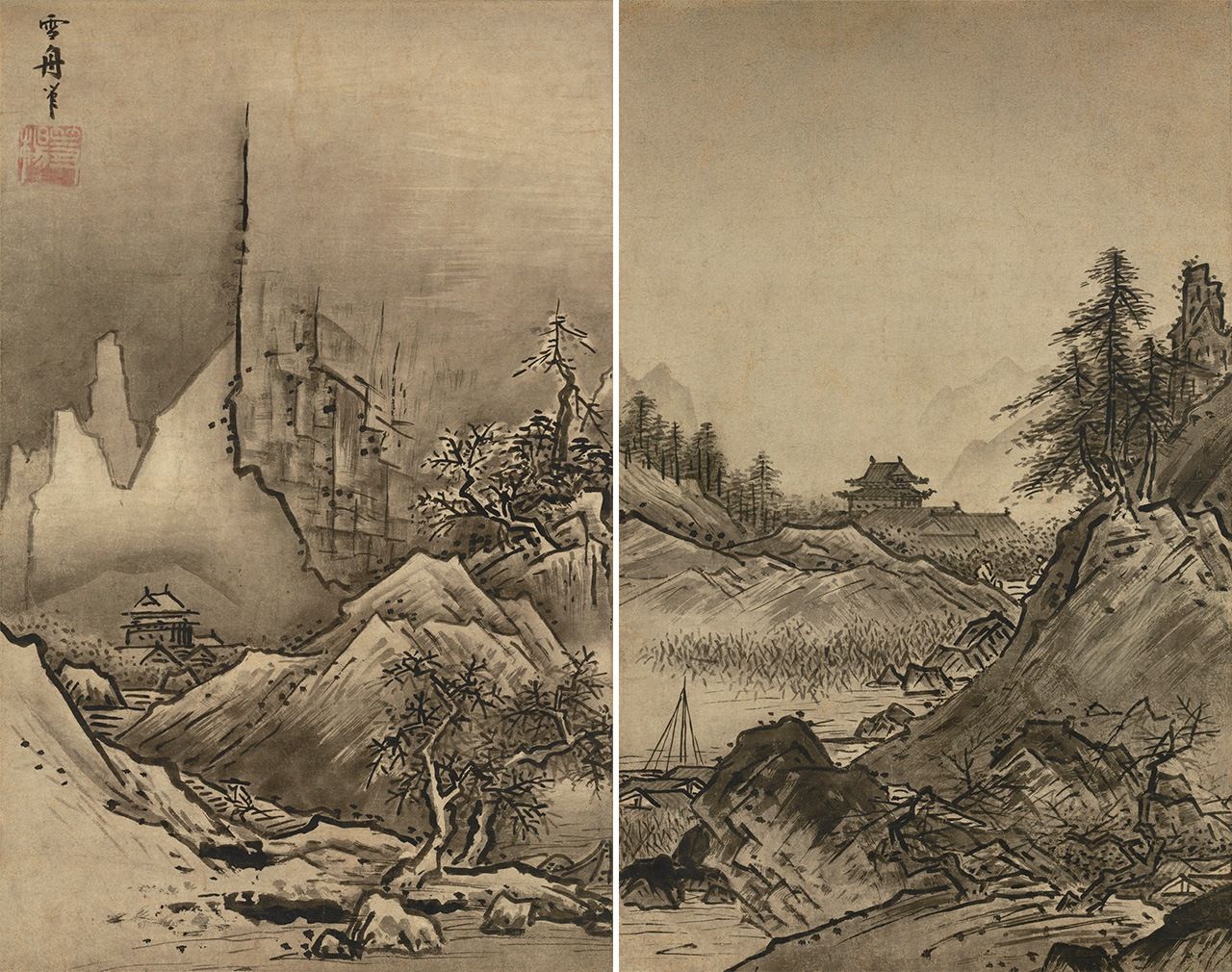 Shûtô sansui zu (Paysages d’automne et d’hiver), Trésor national. L’automne est à droite et l’hiver à gauche. (Avec l’aimable autorisation du Musée national de Tokyo)