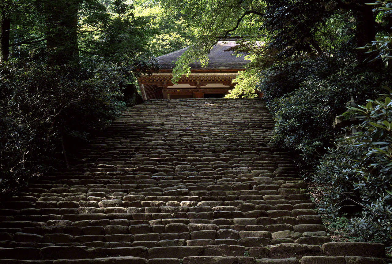 L’escalier du Yoroi-zaka (qui signifie littéralement la butte aux armures) mène au Kondô où se trouve la statue de Shakyamuni.