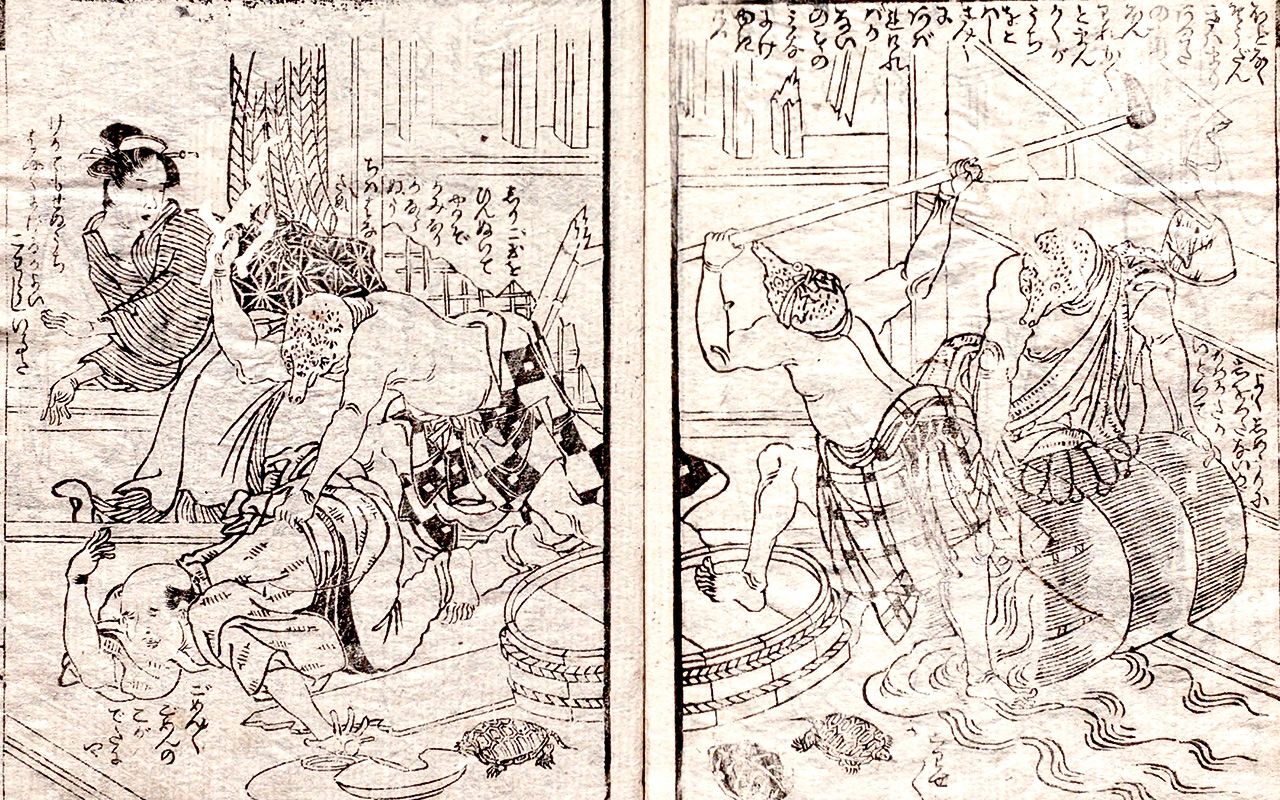 Estampe tirée des « Tortues et leur nouveau grenier » (Atarashiku tatsuya kame-zô), un livre paru dans la bibliothèque jaune qui a pour trame les émeutes Tenmei (l’ouvrage n’a pas paru chez Kôshodô). Collections de la Bibliothèque nationale du Japon.