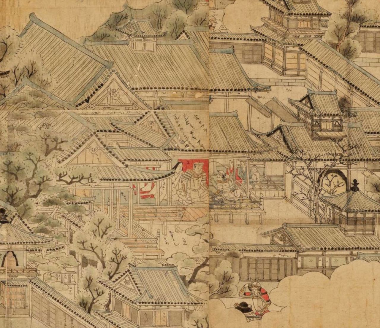 Sur cette réplique du « Paravent de la campagne d’hiver à Osaka » (Ôsaka fuyu no jin-zu byôbu), on voit un guerrier qui semble être Hideyori, il est assis aux cotés d’une femme mais on ne sait pas s’il s’agit de Yodo-dono ou de Senhime, l’épouse de Hideyori. Source : ColBase