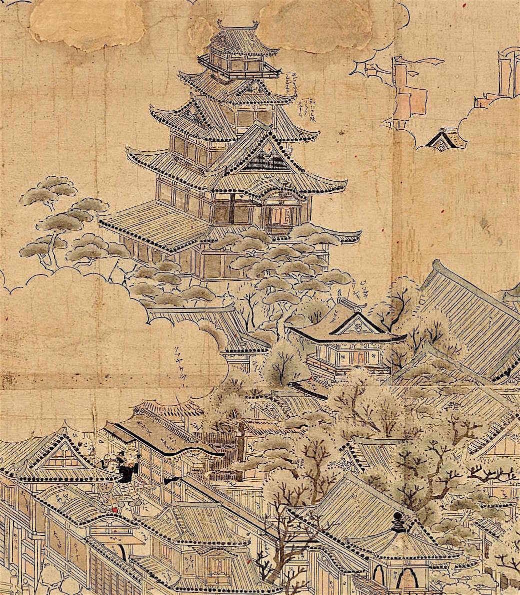 Yodo-dono régnait sur le château d’Osaka dont on voit ici le donjon dans un détail du « Paravent de la campagne d’hiver à Osaka » (Ôsaka fuyu no jin-zu byôbu). Source : ColBase