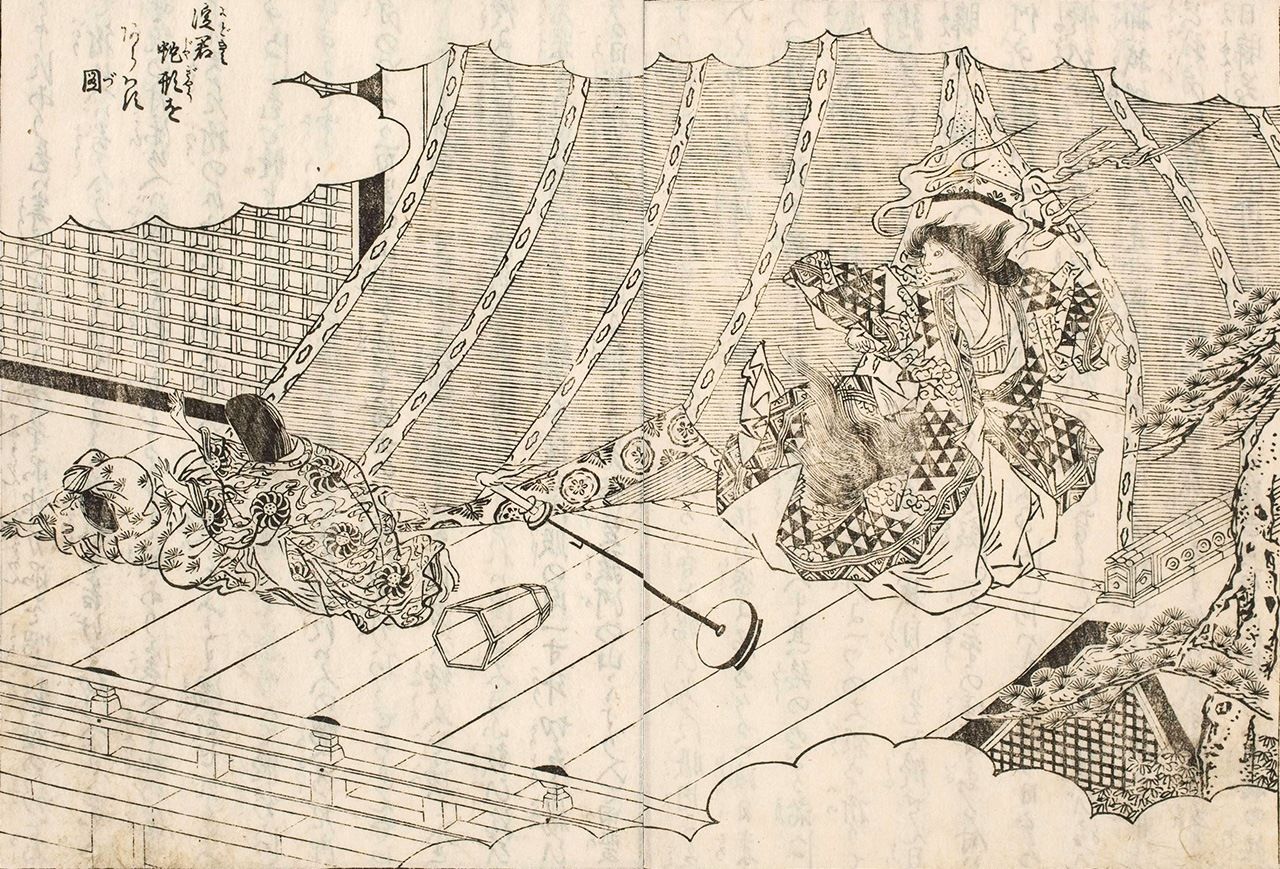 Cette estampe tirée de « La vie de Hideyoshi illustrée » (Ehon Taikôki) montre Yodo-dono sous les traits d’un serpent. Pendant l’époque d’Edo, Yodo-dono était souvent représentée sous une forme monstrueuse.(Collections du Centre national de recherche sur la littérature japonaise)