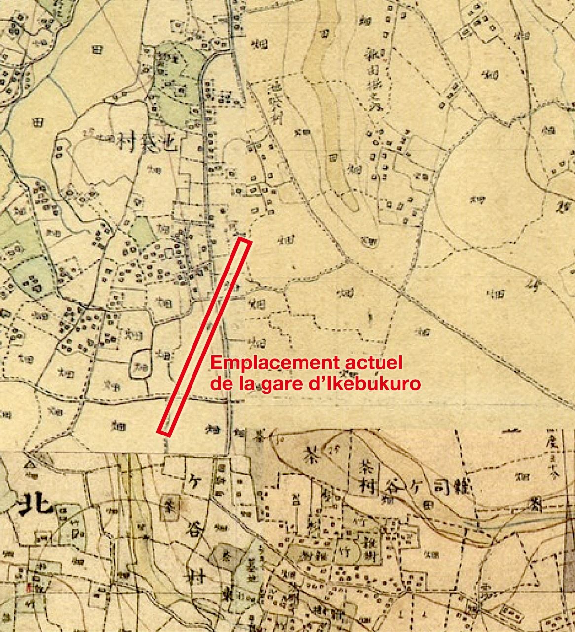 Le village d’Ikebukuro au début de l’ère Meiji. Les petits carrés représentent des habitations. Tout autour, on ne voit presque que la mention « champs ». Reproduction tirée du « Système de consultation des environnements agricoles historiques » de l’Institut national de recherche sur l’environnement agro-technique.