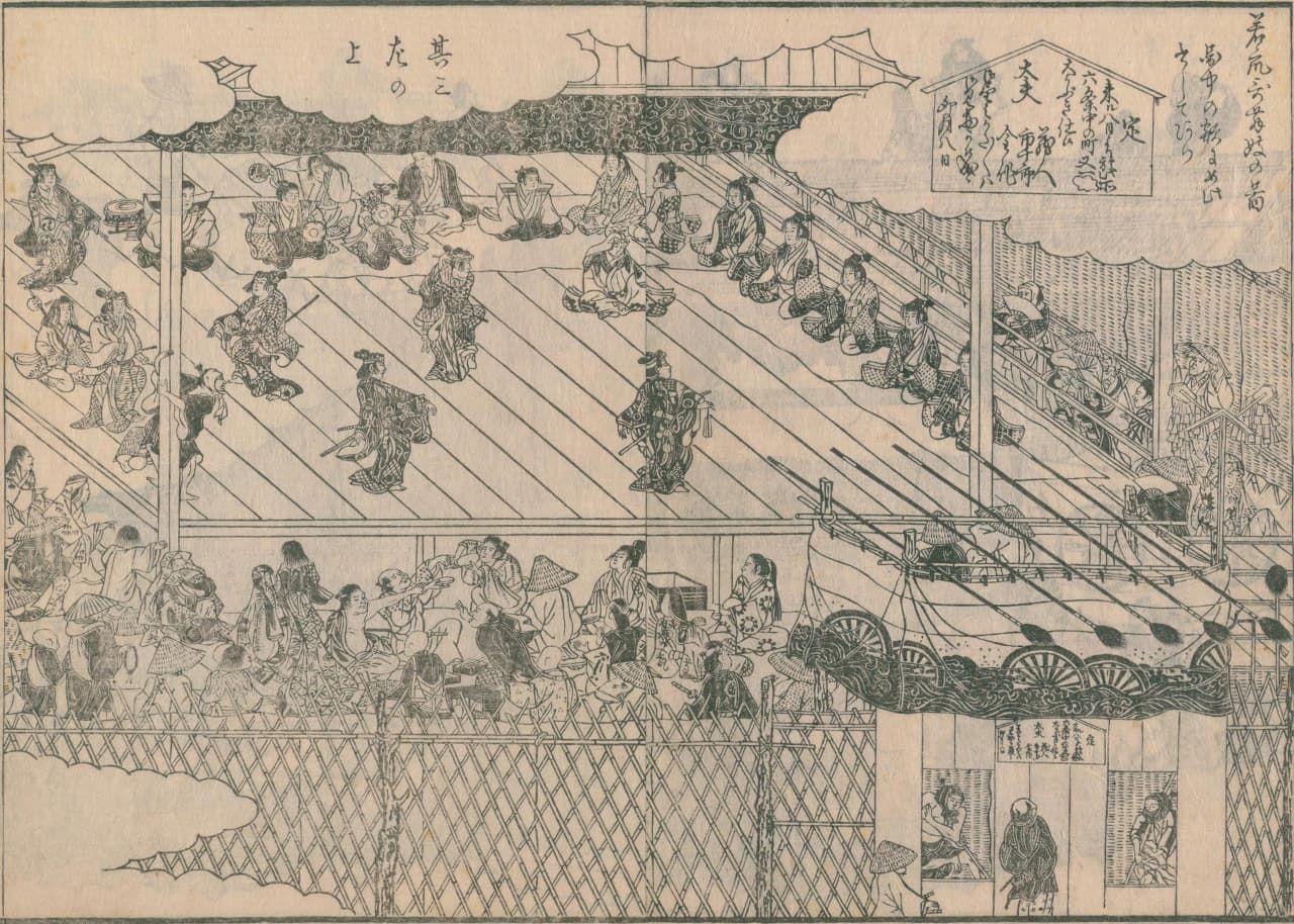 Morisada reprend dans son opus la scène dessinée par Shôsai Settei qui représente un kabuki de jeunes garçons (wakashû kabuki) lors d’une représentation donnée à Rokujô (à Kyoto). Les acteurs portent la coiffure des adolescents. (Illustration tirée du « Manuscrit Morisada » conservé à la Bibliothèque nationale de la Diète)