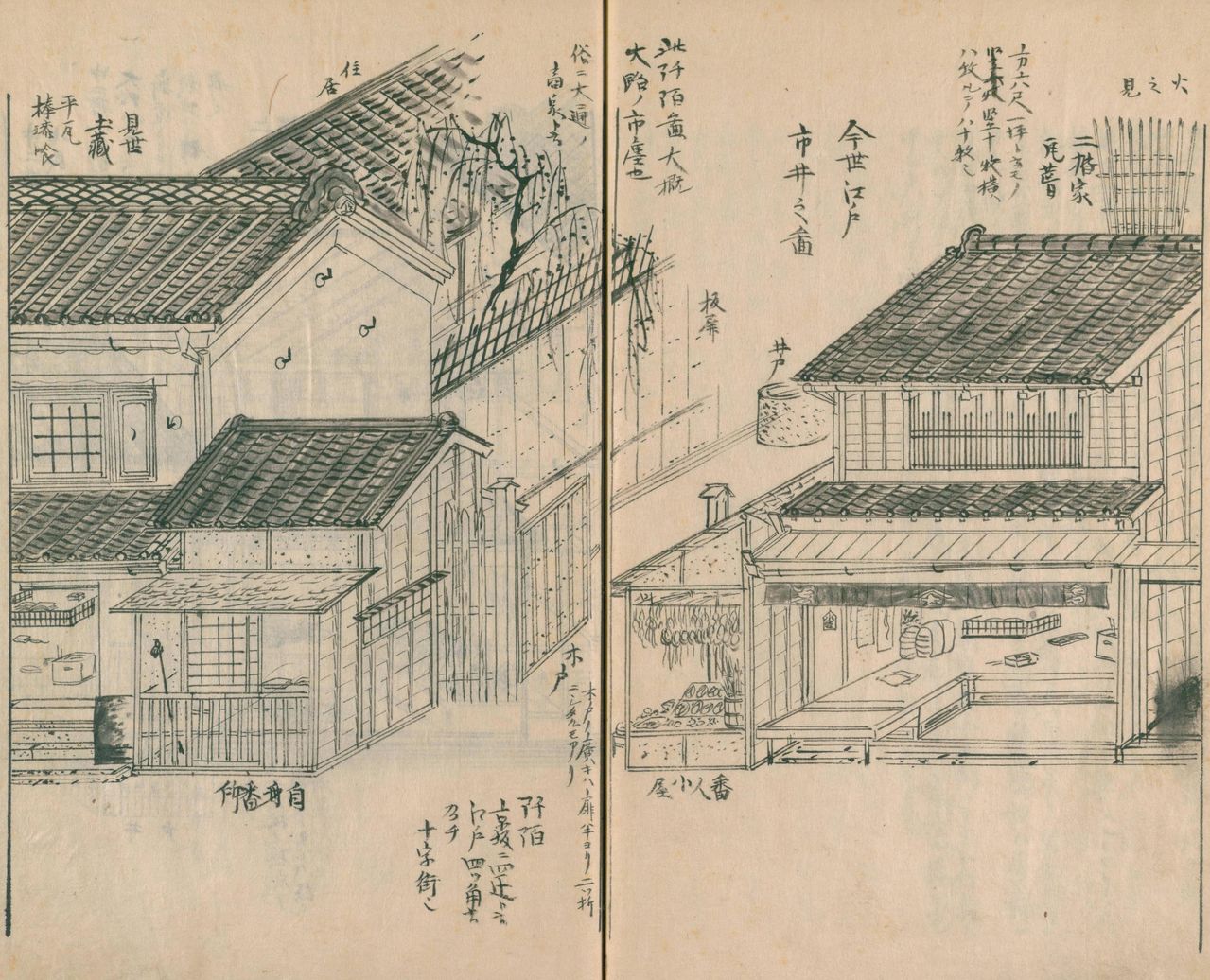 Un commerce à Edo (à droite), géré par un propriétaire foncier. La guérite du gardien est au centre. Le portail en bois mène à des appartements de plain-pied que les occupants louent au propriétaire.