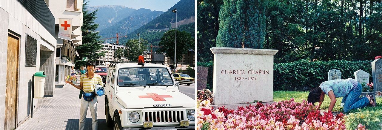 À gauche : En 1989, âgé de 21 ans, il effectue un premier grand pèlerinage européen. Sous le choc après s’être fait voler son sac à dos. À droite : Sa première visite sur la tombe de Charles Chaplin (Vevey, Suisse), en 1994. Il l’a revisité régulièrement depuis.
