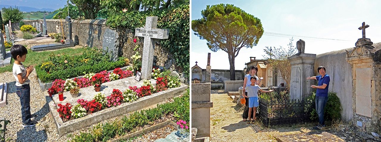 Pèlerinage funéraire en famille. À gauche : le fils de Kajipon en prière devant la tombe de Audrey Hebpurn à Tolochenaz en Suisse en 2015. À droite : la tombe de l’entomologiste Jean-Henri Fabre à Sérignan, en France, en 2018.