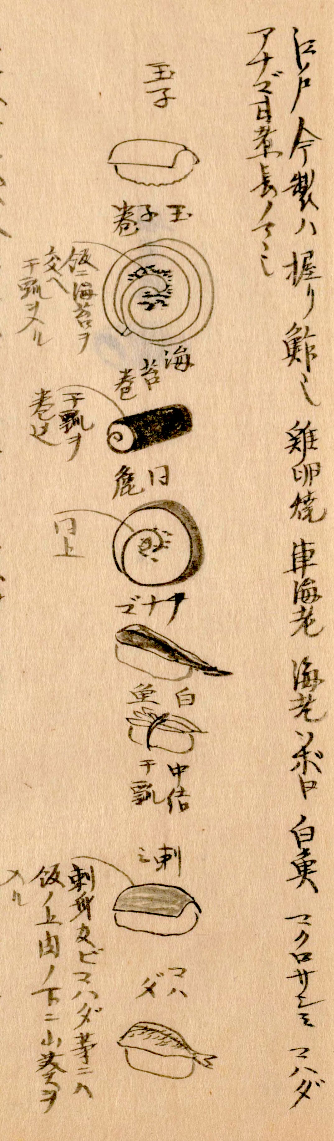 La technique du nigirizushi illustrée dans le Morisada mankô (« Encyclopédie de Morisada »). De haut en bas : tamagoyaki (omelette roulée), tamagomaki (lanières de courges kanpyô enveloppées dans du tamagoyaki), norimaki garni de kanpyô, une coupe transversale de norimaki, anago (congre), shirauo (poisson des glaces) enveloppé de kanpyô, sashimi de thon et kohada (gésiers d’alose). (Avec l'aimable autorisation de la Bibliothèque nationale de la Diète).