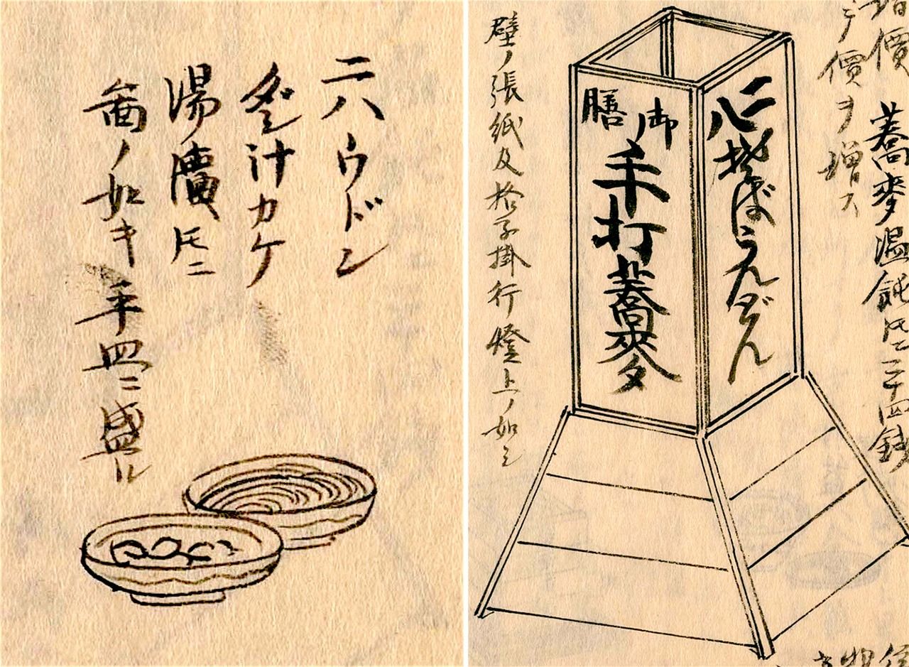 Croquis de udon nihachi tels qu'ils étaient servis à Kyoto et Osaka dans de grandes assiettes plates (à gauche) ; croquis de l’enseigne d’un restaurant de soba à Edo (à droite).