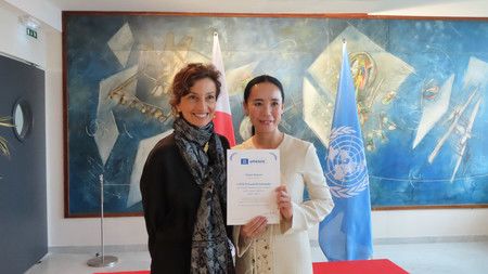 Kawase Naomi dans les bureaux de l'Unesco à Paris le 15 novembre en compagnie dea secrétaire générale de l'Unesco Audrey Azoulay et