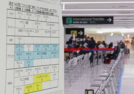 Voyageurs passant le contrôle sanitaire à l'aéroport de Narita