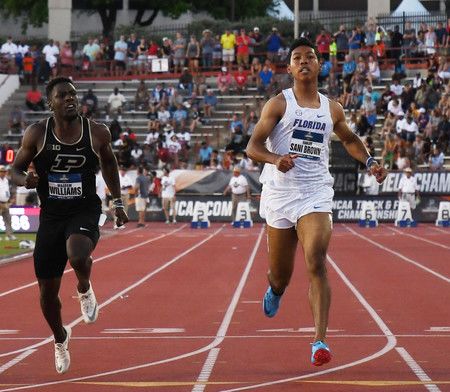 Sani Brown Abdul Hakim finit avec un temps record de 9''97 secondes  lors de la finale du 100 mètres, à Austin, le 7 juin.