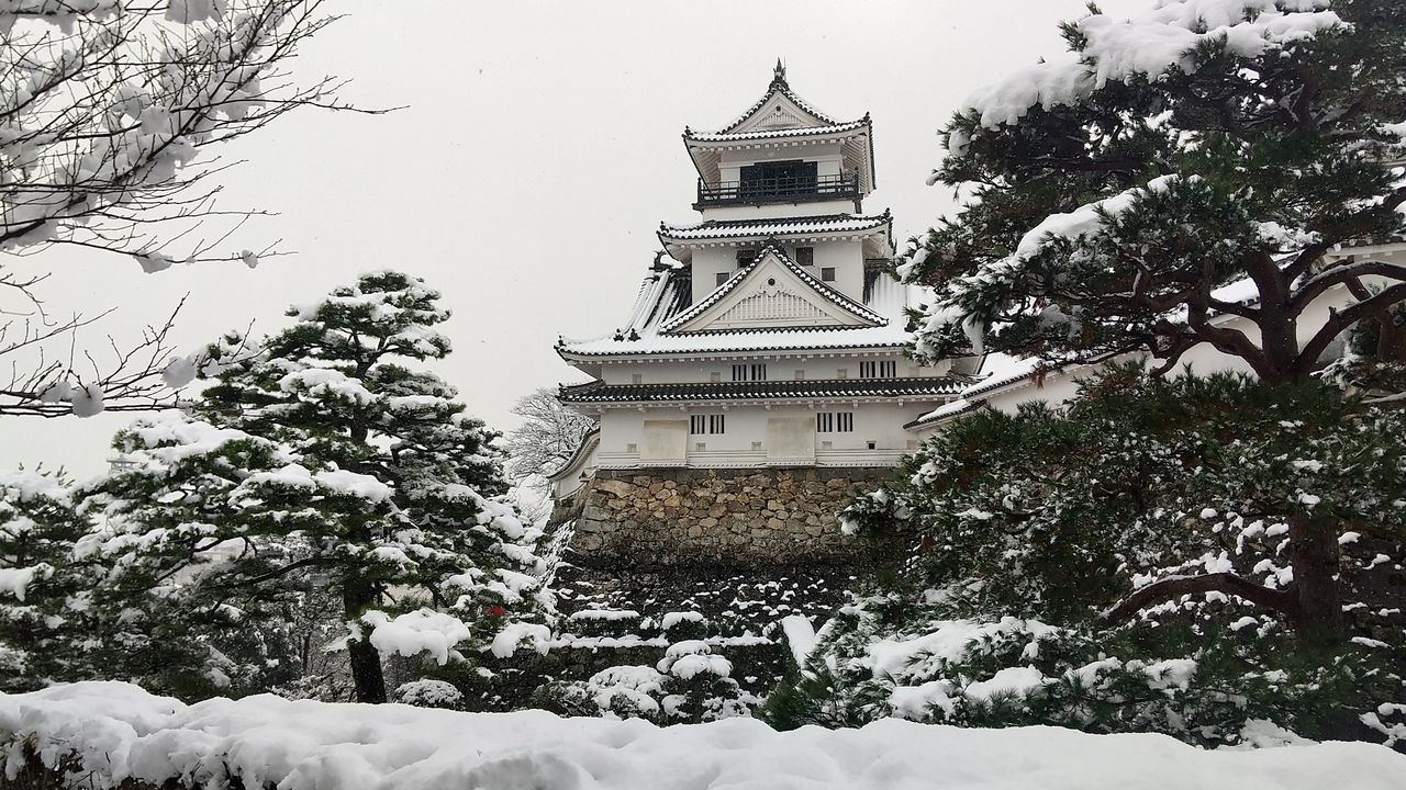 Le château de Kôchi recouvert de neige, suite à une chute record de 14 centimètres de neige dans la ville, le 23 décembre.