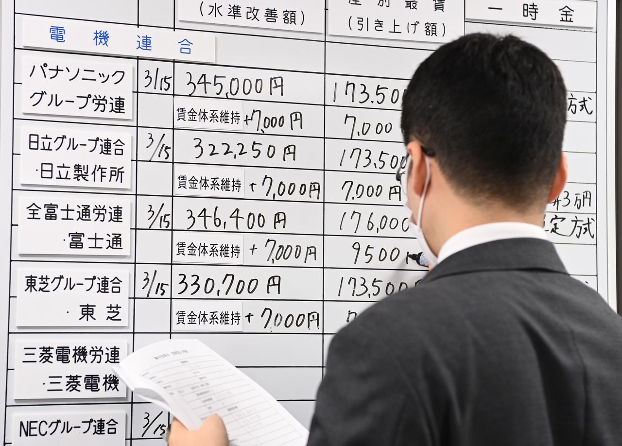 Un membre du syndicat des travailleurs de la métallurgie inscrivant les résultats des négociations salariales sur un tableau (Jiji Press).