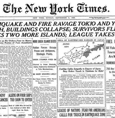 La une du New York Times du 2 septembre 1923