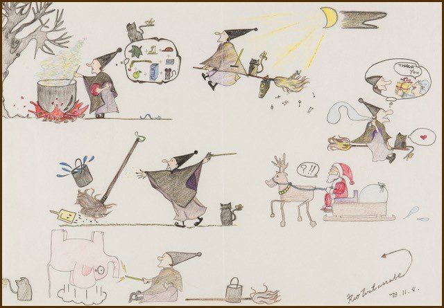 Ces dessins de sa fille de 12 ans Rio ont servi de source d’inspiration à Kadono Eiko pour écrire Kiki la petite sorcière (avec l’aimable autorisation du bureau de Kadono Eiko) 