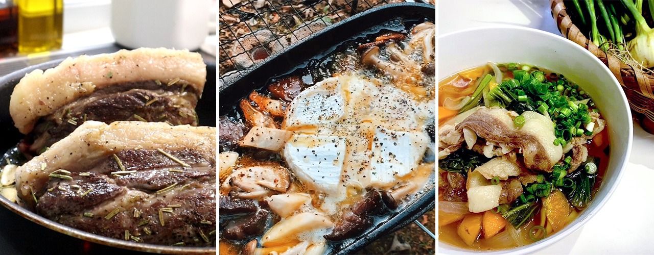 Trois façons de déguster la viande de sanglier présentées sur la chaîne de Nozomi. De gauche à droite, rôtie, grillée avec du fromage et en accompagnement des nouilles udon (avec l'aimable autorisation de la chaîne de Nozomi Kari Channeru).