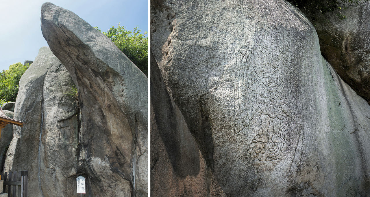 千光寺山的夫妻岩和上面雕刻的烏天狗