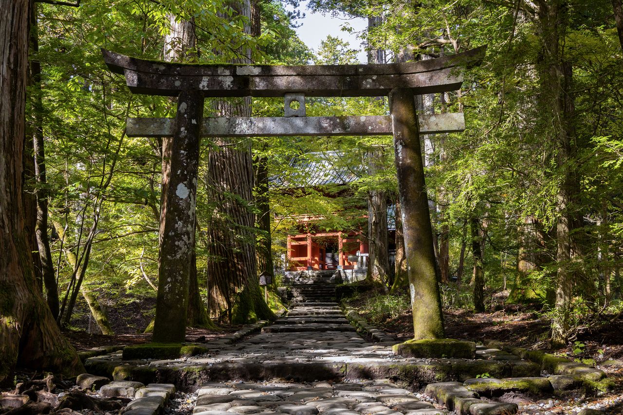 瀧尾神社樓門前的「試運鳥居」。參拜者可以往鳥居上部的圓孔投擲三顆小石子，看能投中幾顆，以此來占運勢。投中的難度相當大