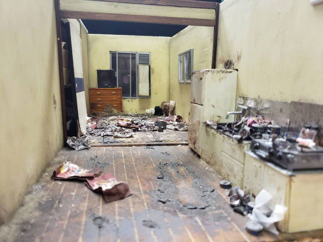 「孤獨死後留下了多隻寵物貓」的微型模型。房間最裡面還倖存一隻貓。